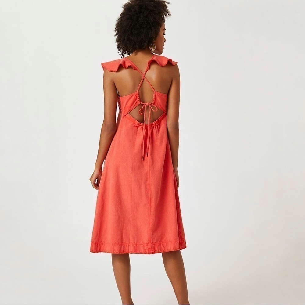 NWT Anthropologie Pilcro Linen Flutter Sleeve Midi Apron Dress Red XXS - Small - Picture 3 of 15